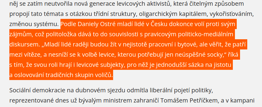 Zdůvodnění Daniely Ostré, proč mladí v ČR nevolí levici